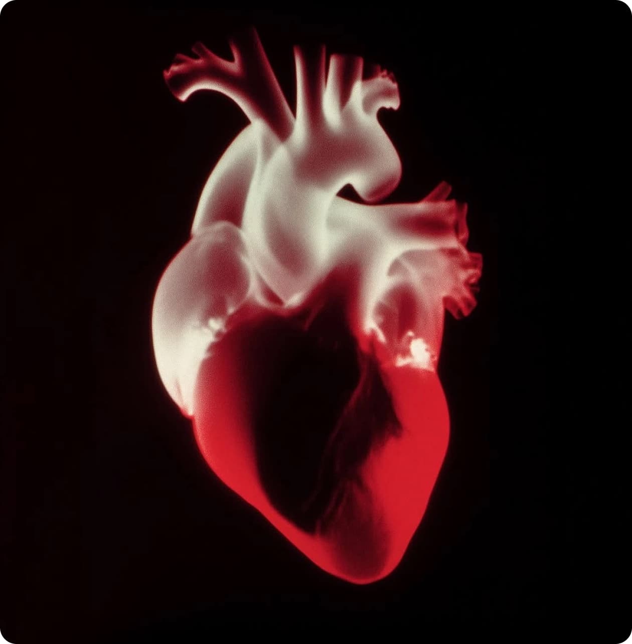 A glass heart glowing red against black