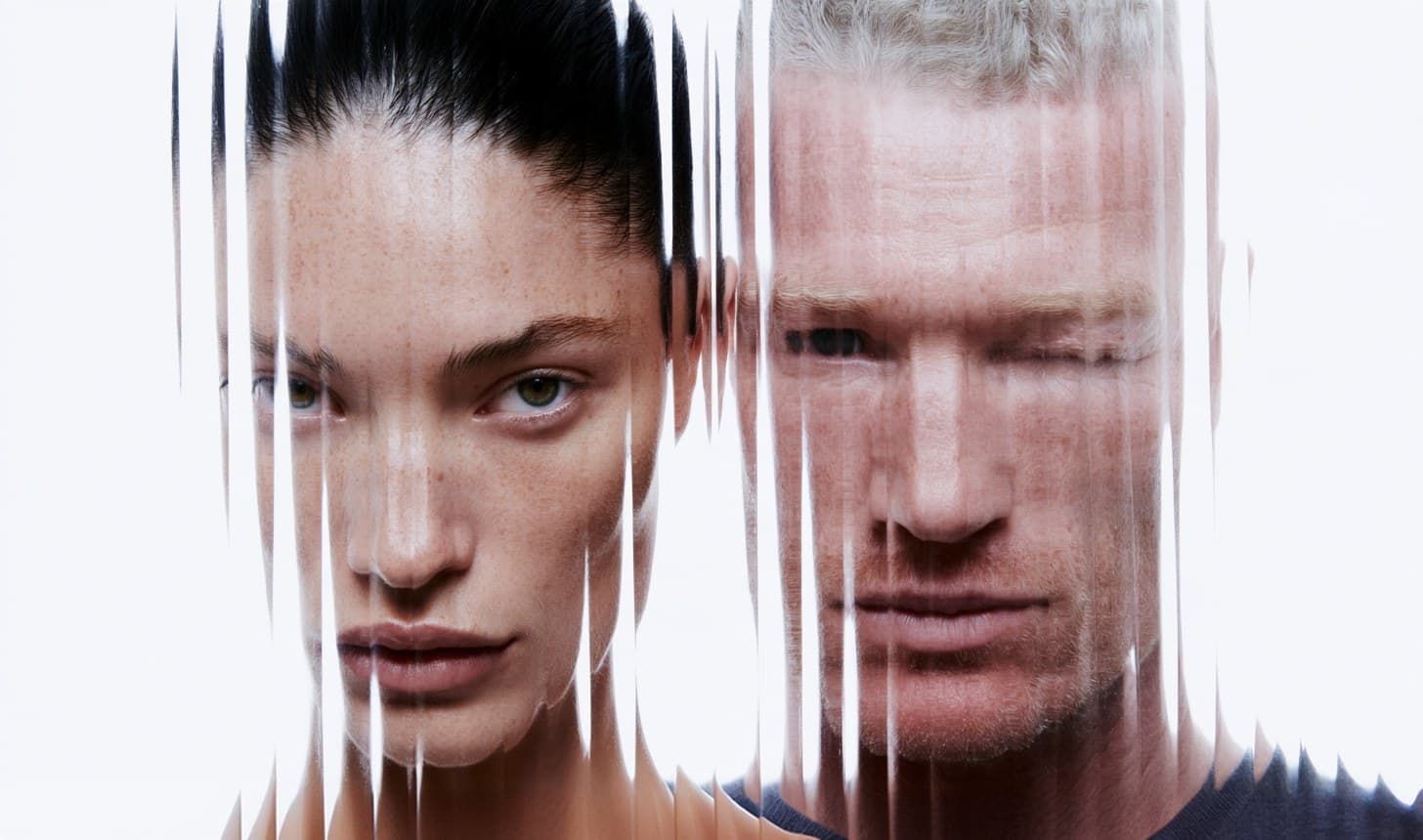 Two faces streaked through patterned glass