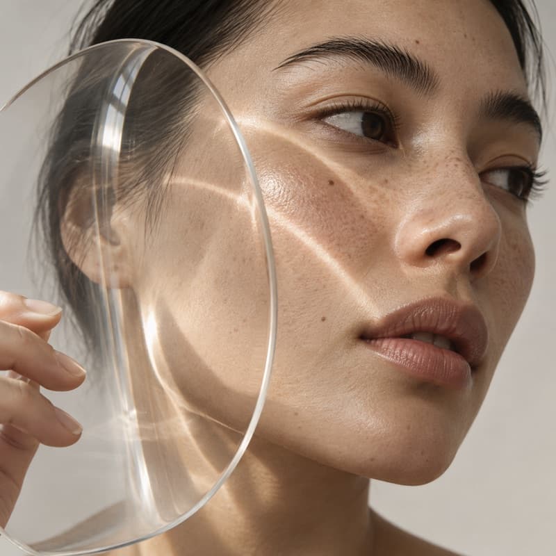 A woman's face studied through a glass lens