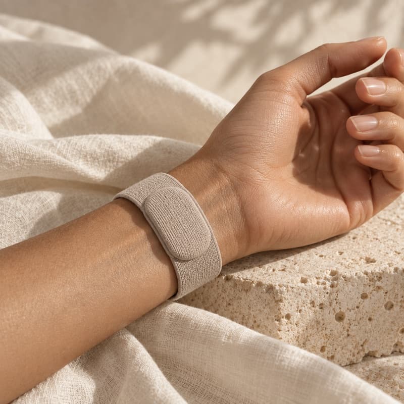 A fabric sensor band on a resting wrist