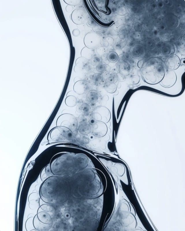 A translucent figure rendered like an X-ray in glass