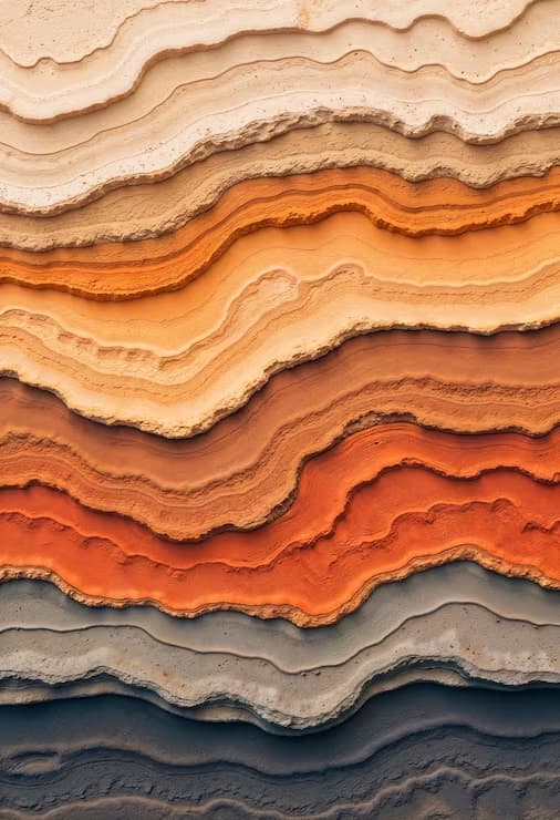 Cross-section of layered sediment strata banded in sand, ochre, rust, and slate.